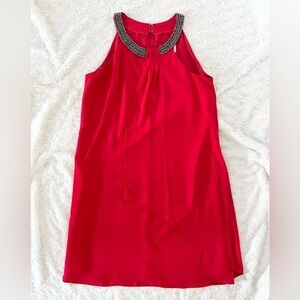 Joseph Ribkoff Red Flowy Dress with High Neckline Jewelry Collar Size Medium